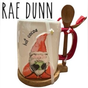 RAE DUNN Artisan Collection Santa Hot Beverage Mug With Wooden Spoon & Coaster